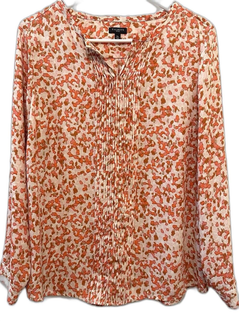 Talbots Petite Medium Floral Pintuck Blouse Orange Cream Long Sleeve